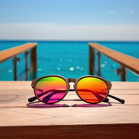 Colorful sunglasses lay on wooden bridge near sea beach on sunny day under blue sky. Rainbow style colored glasses. Vacation concept on seascape background on afternoon. AI generative.の素材