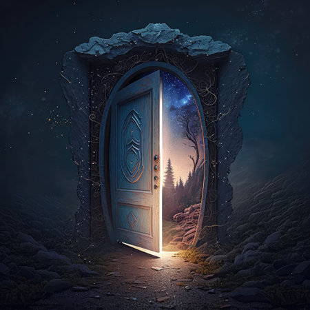 Magic door, futuristic portal to another world. Cartoon portals, fantasy game teleport. Blue glowing door with dry branches pattern opening to another life, unknown future.の素材