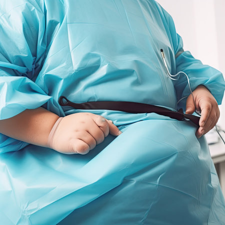 Very fat patient in hospital ready for surgery, liposuction. Hospital blue suit on human with extra weight. Excess weight problem concept. AI generative.の素材