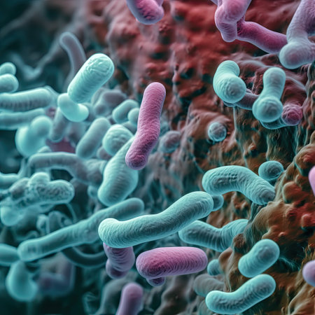 Pink and blue viruses and bacteria colonies of various shapes, microscope view. Concept of science and medicine. AI generative.の素材