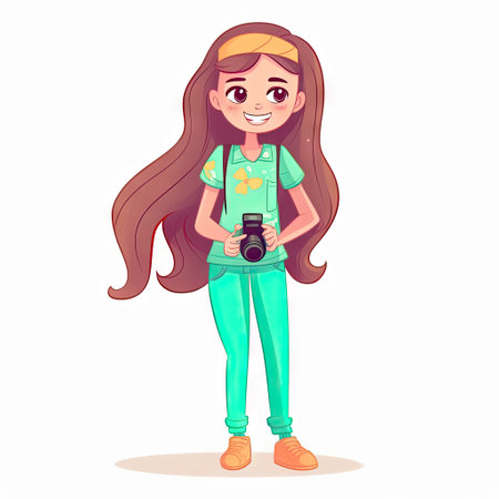 Cute girl photographer with brown hair holding camera. Flat cartoon illustration, sticker isolated on white. AI generative.の素材