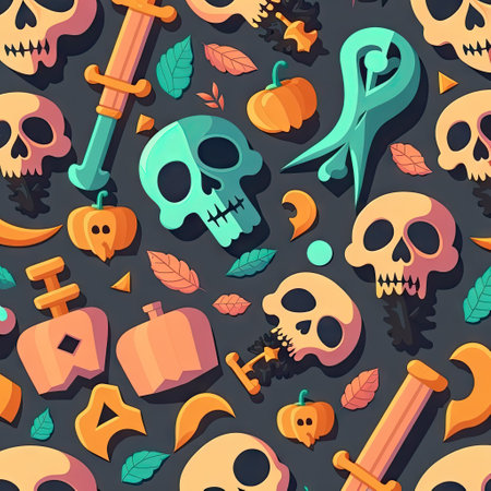 colorful Halloween pattern with skulls, autumn leaves, pumpkins on dark background. Holiday wrapping paper concept, spooky background.の素材