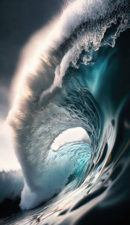 Strength of nature. Ocean wave falling down during storm. Blue water tide in sea. Tsunami under clouds. Vertical illustration.の素材