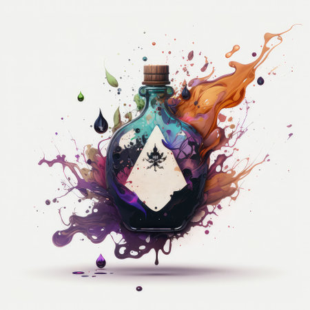Magical poison in bottle with bright colors splash and purple liquid inside. Paint drops around. White background.の素材