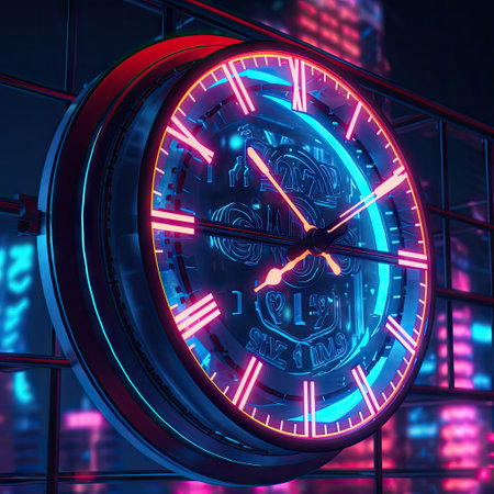 Dark night scene with big neon abstract clock. Circle time, purple, blue lights. Futuristic dial. New day, year, epoch, time flow concept.の素材