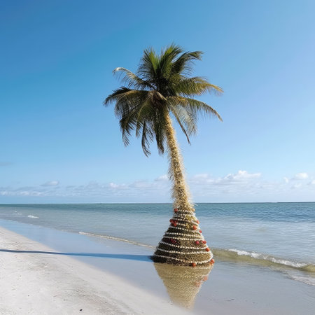 Christmas, Happy New Year tropical vacations on sea beach concept. Holiday decorated palm tree with red balls and white garland standing on sandy ocean shore near blue water on sunny day. Hot summer afternoon.の素材