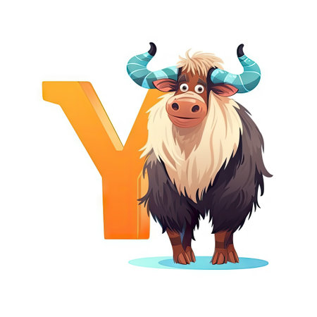 Cute cartoon brown yak (Bos mutus) with light collar and blue horns standing on white background near big yellow letter Y. Creative kids alphabet.の素材