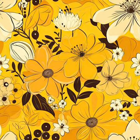 Yellow floral pattern banner. Bright flowers flat lay. AI generative art.の素材