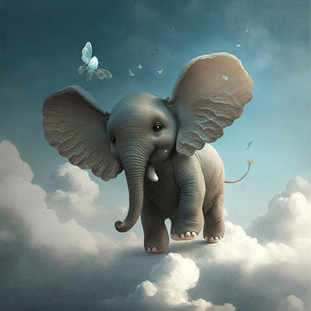 Cute baby elephant with funny ears jumping in clouds with small butterflies. Happy fantasy animal, holiday greeting card, notebook cover concept.の素材