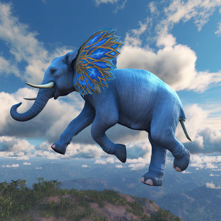 Huge elephant with big fantasy colored ears jumping under ground on cloudy sky background. Decorated fantasy animal, holiday greeting card, notebook cover concept.の素材