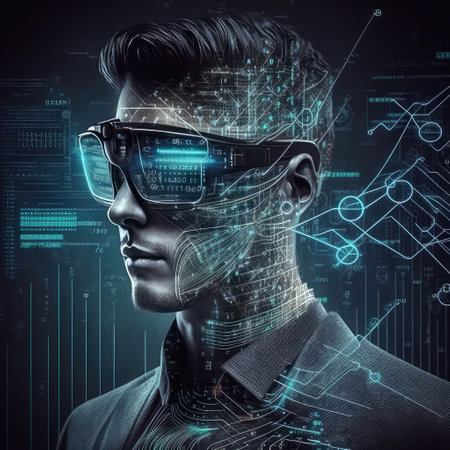 Business analyst connected to digital web. Man in office suit wearing virtual reality googles and looking at metaverse digital cyber world technology. Futuristic lifestyle, business in the future.の素材
