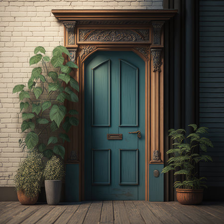 Retro entry door to houses made of bricks. Blue wooden home entrance doors, flowers in pots around, view from street. Europe old town concept.の素材