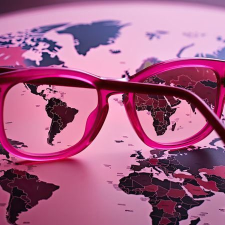 View on real life through pink glasses, embellish reality, sugarcoat concept. Fusion of fashion and travel, sense of anticipation for a journey, trendy aesthetic.の素材