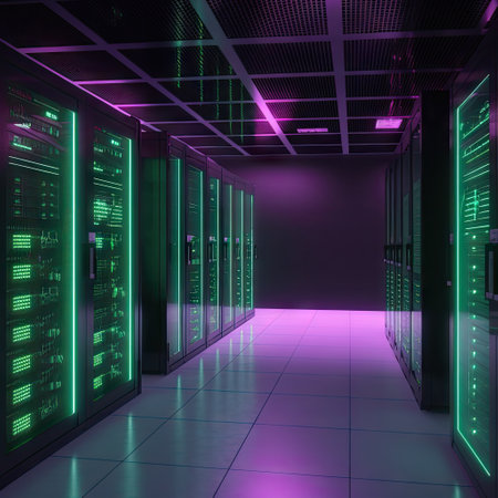 Corridor with series of modern supercomputers server room with green, purple neon lights. Data technology center in futuristic cyberspace, network equipment. Mining, hosting, science concept.の素材