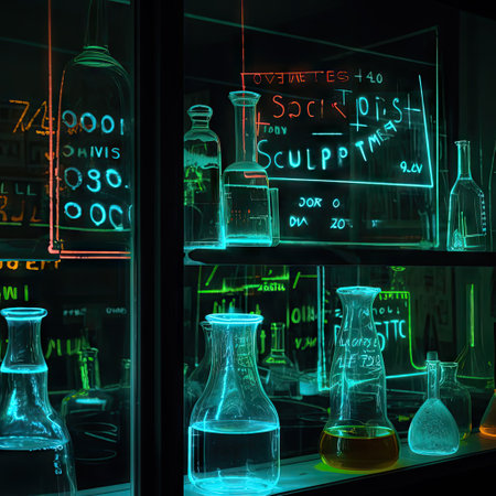 Neon formulas written on transparent glass wall in open space office. Green, blue, red scientific signs.の素材