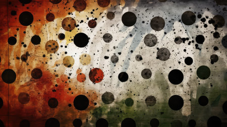 Spotted grunge background with black spots on orange, beige background. Smudged canvas, abstract painting.の素材