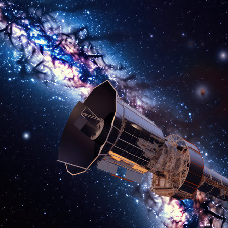 Space telescope on orbit. Space observatory. Telescope in outer space on galaxy background. Stars, milky way.の素材
