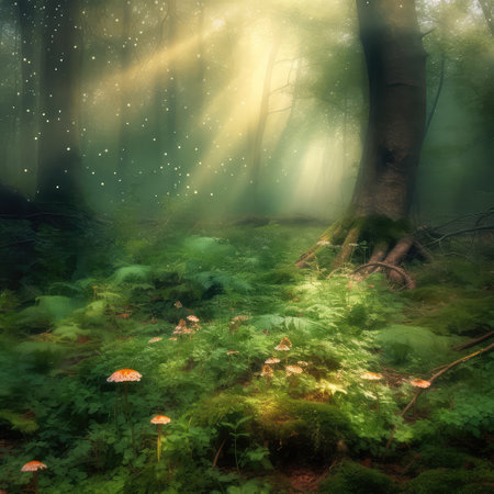 Magic forest with red amanita mushrooms, green grass, moss and sun rays through trees. Nature background, book cover, fairy tale concept.の素材