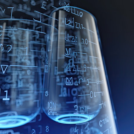 Fragmet of big transparent glass bottles, flasks with neon formulas, schemes written on them. Blue scientific signs on dark background.の素材