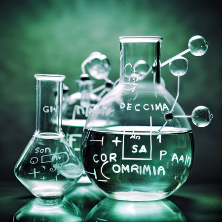 Laboratory glass flasks with transparent liquid inside and formulas, signs written on bottle. Dark green background. Medical health science of pharmacy technology concept.の素材