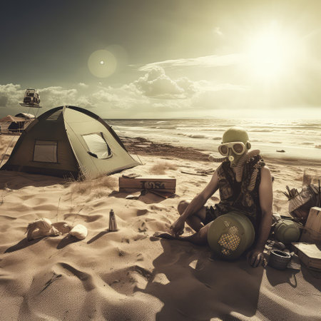 Man in gas mask taking sunbath on sea beach background. Surreal post apocalyptic scene and stalker staying place. Life after nuclear catastrophe concept.の素材