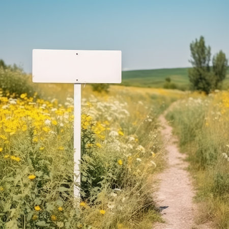 White empty road sign standing on village road background between meadow herbs, flowers in sunny summer day under blue sky. Copy space, mock up.の素材