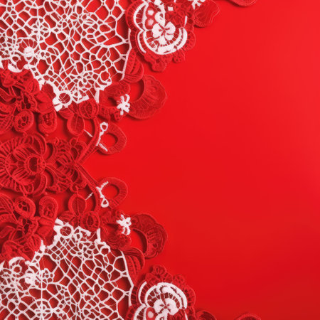 Tender white floral style lace ribbon lay on red background. Romantic, love, Valentine day concept. Top view, copy space for text.の素材