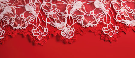 Red banner with white lace pattern on top. Romantic, love, Valentine day concept.の素材
