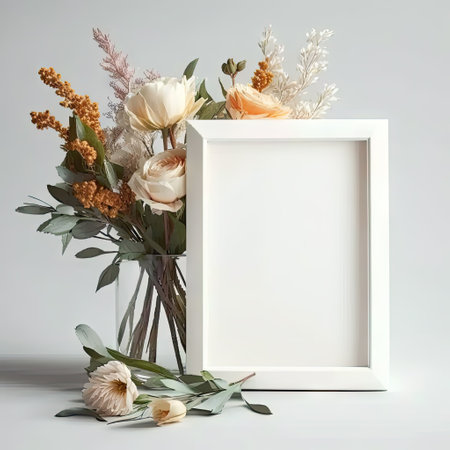 Empty blank photoframe with copy space standing on table near vase with beautiful spring flowers on white background. Mother's Day, Valentine's Day, birthday card, invitation.の素材