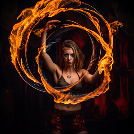 Woman standing inside red flame background. Fireshow in dark night. Girl dancing in burning fire.の素材