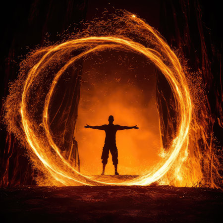 Man silhouette standing on flame circles background. Fireshow in dark night. Human in burning fire.の素材