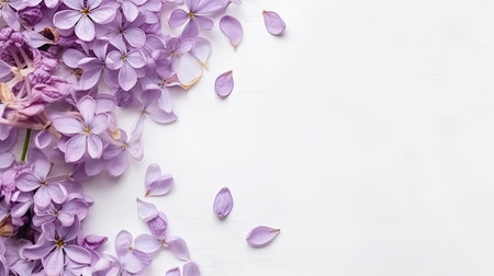 Spring banner with copy space for text. Tender purple lilac flowers, petals on white background. Lovely spring composition. Seasonal blossom mockup. Natural floral template. Flat lay, top view.の素材