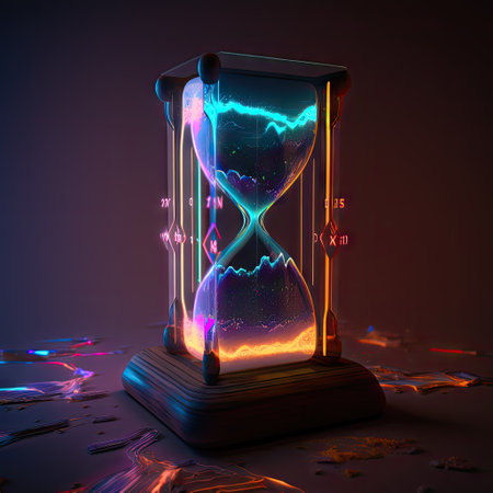 Old fashioned hourglass with purple, blue, orange neon lines on dark color background. Laser flashlights inside sand clock.の素材