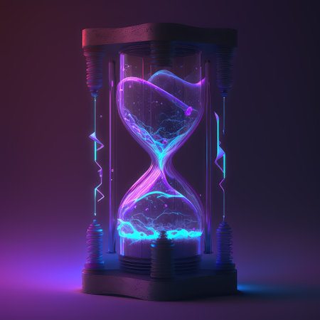 Crystal hourglass with purple neon lines on dark color background. Laser flashlights inside sand clock.の素材
