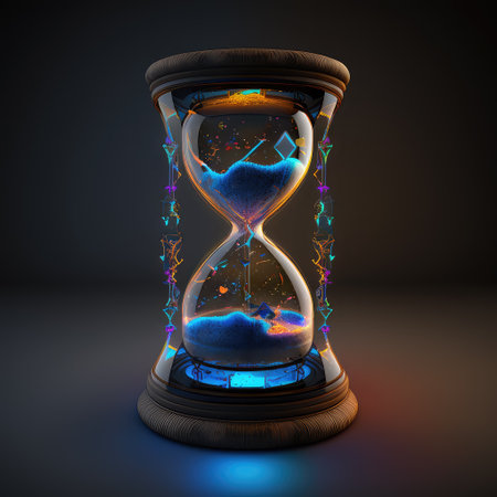Futuristic crystal hourglass with sand and neon lines inside on dark color background.の素材