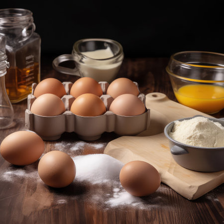 Cooking in kitchen. Eggs, bottles, containers, kitchenware with oil, flour on wooden table on dark background.の素材