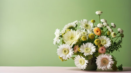 Spring banner with flower bouquet and copy space. Greeting card, top view on beautiful fresh flowers on light green background. Romantic invitation, Mother day, anniversary concept.の素材