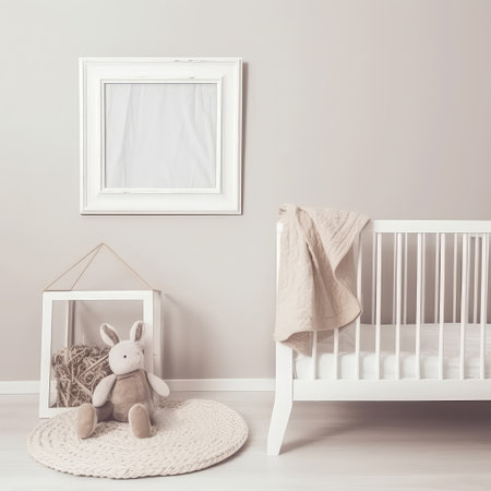 Infant, toddler bedroom with empty, blank photoframe for mockup. Bed, toy, blanket. Frame with copy space for picture on wall. Light colors.の素材