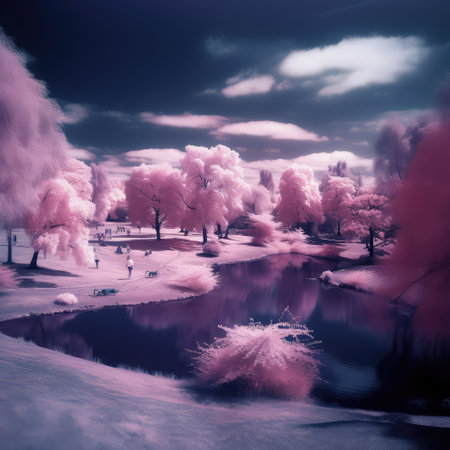 Surreal magic landscape. Alien planet pink trees near lake.の素材