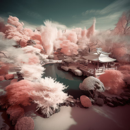 Surreal magic landscape with pink trees blossom, nice Asian house near lake. Magic park under cloudy sky.の素材