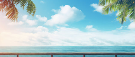 travel agency summer banner with copy space for text. Palms and tropical sea view, blue cloudy sky. empty space for product display, advertisement, party banner, greeting card concept.の素材