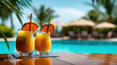 Two glasses with tropical cocktails and citrus slices standing near summer pool on green palms background. Vacations, relax concept. Selective focus.の素材