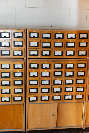 Library or archive reference card index catalog. Database, knowledge base concept. Old library or...