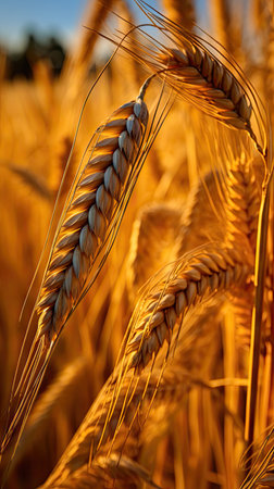 Yellow growing wheat stalks on the field on sunny summer day, blue sky. Vertical picture, selective focus. Harvest concept, screensaver.の素材