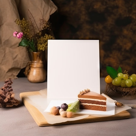 Pastry advertise, menu board concept. Blank white board for mock up standing in bakery near dessert, cake and biscuit on dark background. Copy space for text.の素材
