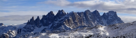 Panorama of beautiful Dolomites mountains in Italy in winterの写真素材