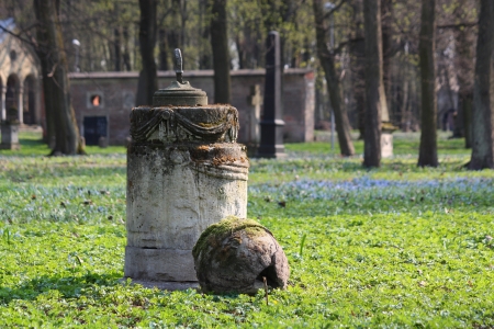 Remains of old statue at the abandoned Pokrov cemetery in Riga, Latviaの写真素材
