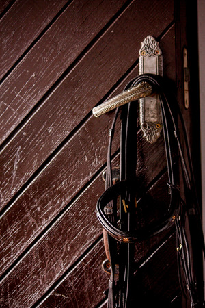 Close up of black leather bridle with brass bit hanging on the doorの写真素材