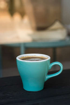 Morning coffee in a ceramic mug.の写真素材