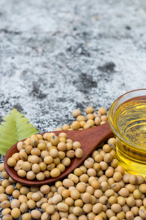 Healthy soy on a wooden spoon,copy space.の写真素材